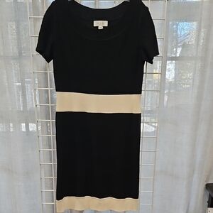 St. John Black Knit Midi Dress with Cream Bands